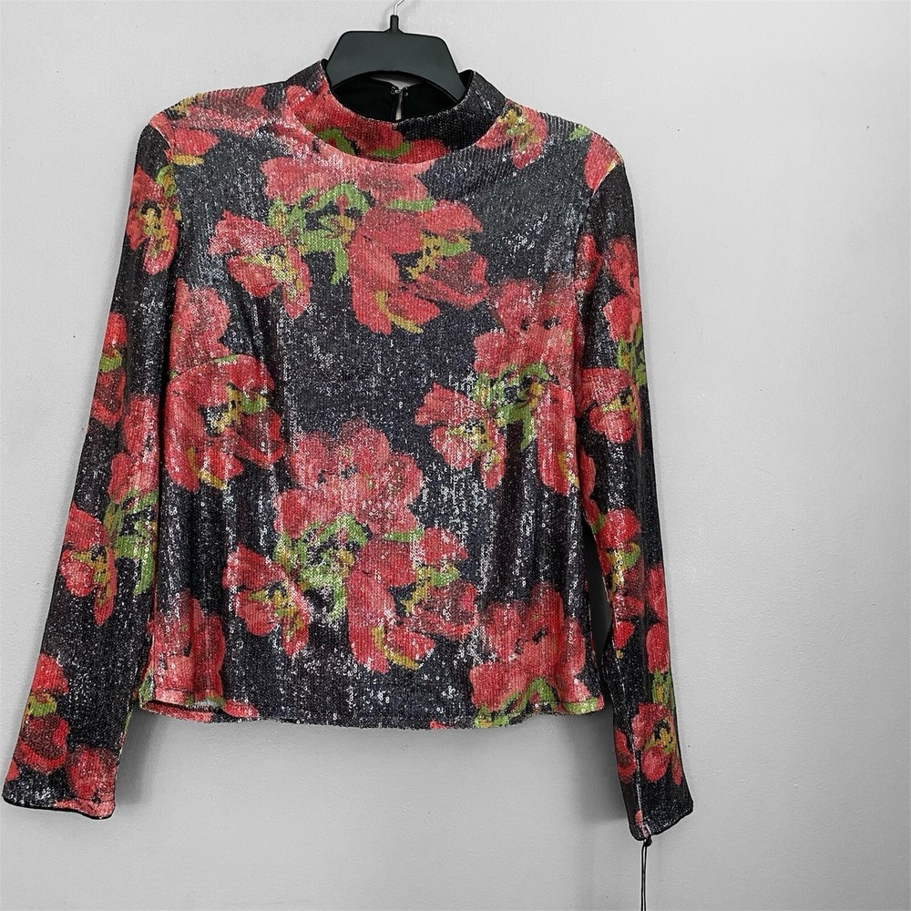 Nicole Miller Mock Neck Black Red Floral Sequin Top Blouse Back Zip Women Size L